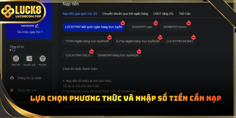 Sau khi vào mục nạp tiền, người dùng chọn hình thức giao dịch phù hợp